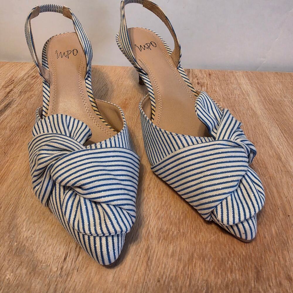 impo Edana blue/white striped w/silver thread slingback kitten heels 9